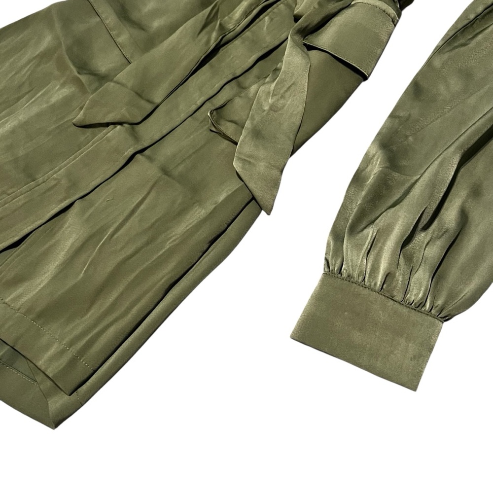 Olive Green Satin Long Sleeve Zip Tie Dress Size Small - Picture 2 of 8